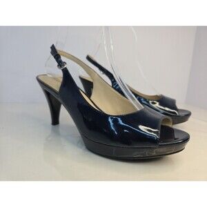 Aubrey Lynn Peep Toe Adjst Sling Back Navy Blue Faux Patent Leather NWOB Sz 7